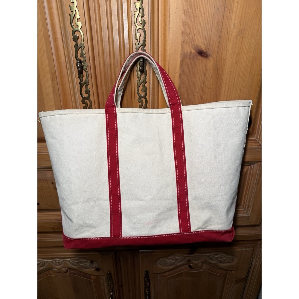 Vintage LL Bean Boat & Tote Bag 80s Sawtooth Label Large Canvas Cream Stiff